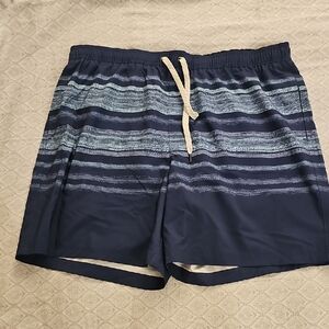 Blue Swim Trunks with Gradient Stripes and Elastic Waistband